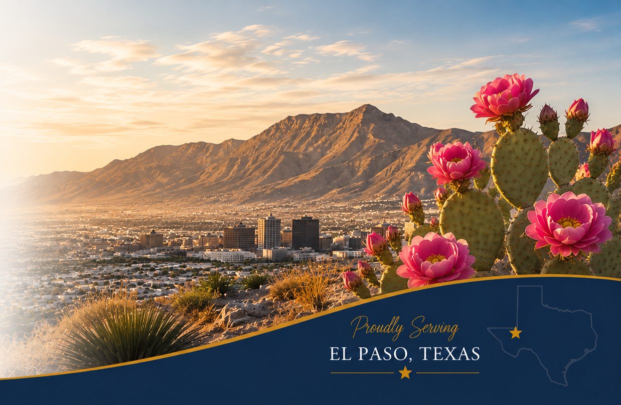 Sunrise over the Franklin Mountains and El Paso with the words Proudly Serving El Paso, Texas